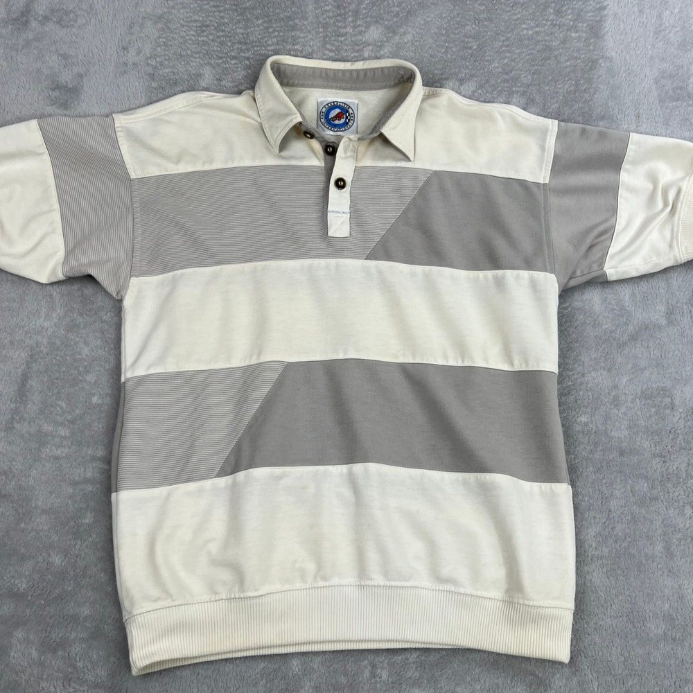 Greenline Colorblock Striped Polo Shirt L Cream Grey Men Vintage Streetwear 90s
